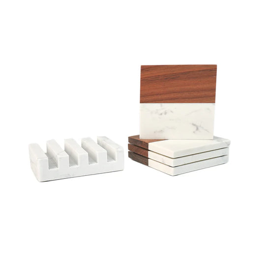 Marble & Acacia Wood Coaster Set