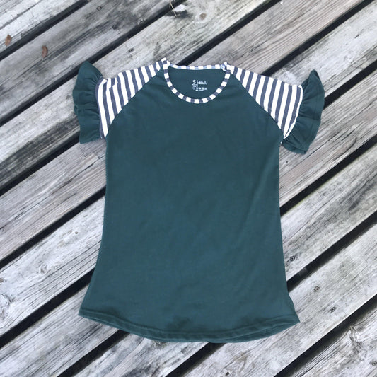 Ruffle Raglan with Striped Sleeves - Banana Bug Designs