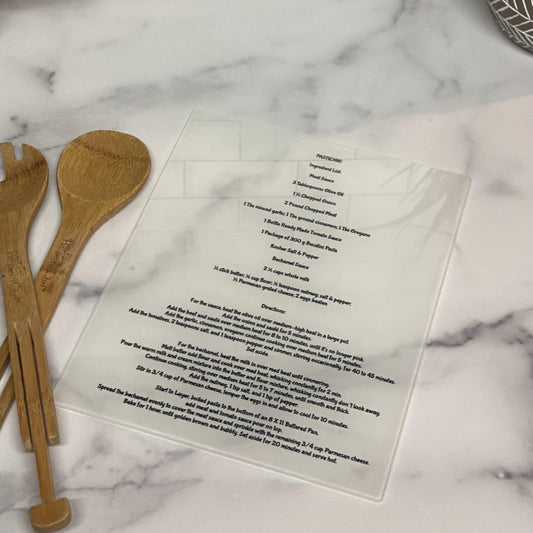 Glass Cutting Board with Printed Recipe- USA Made - Banana Bug Designs