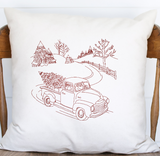 Embroidered Antique Truck with Christmas Tree Linen Pillow Cover - Banana Bug Designs