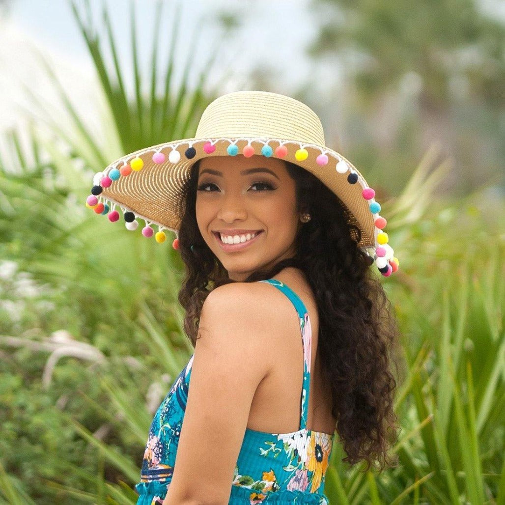 Multicolor Pom Pom Floppy Hat