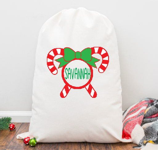 Crossed Candy canes and Bow Personalized Santa Sack - Banana Bug Designs