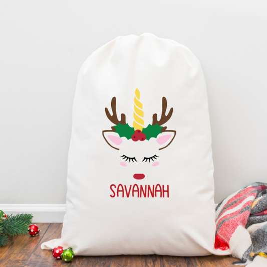 Unicorn Reindeer Girl Personalized Santa Sack