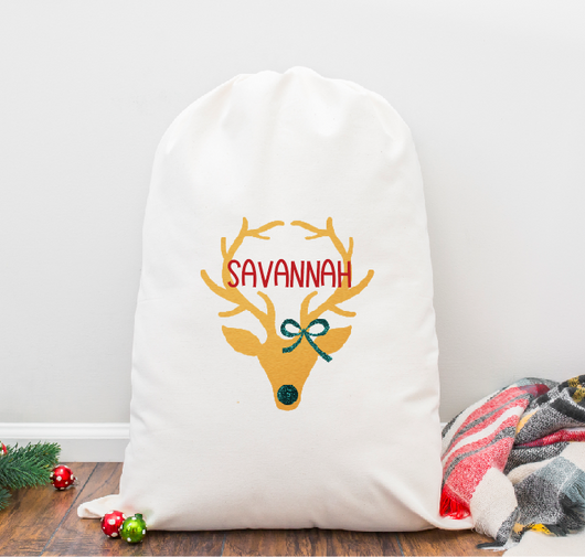 Reindeer Girl with Bow Personalized Santa Sack