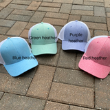 Group of four hats- Blue heather, green heather, purple heather, red heather. All with white mesh back,