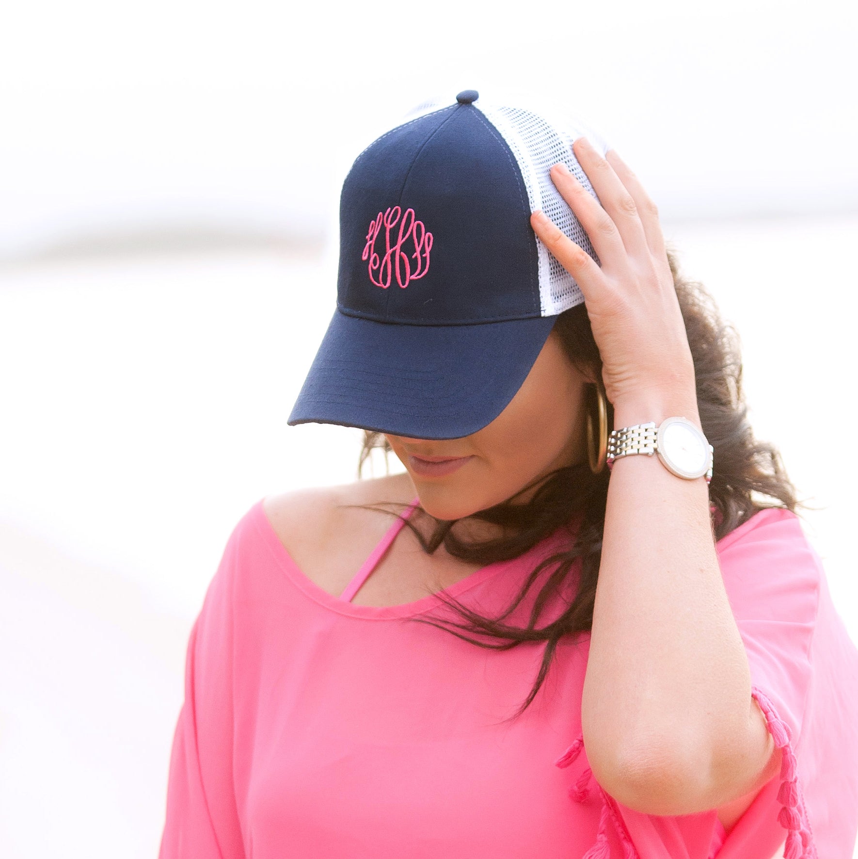 navy with white mesh, monogram on front center.